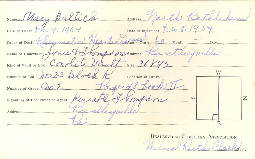 Mary Baltich burial card